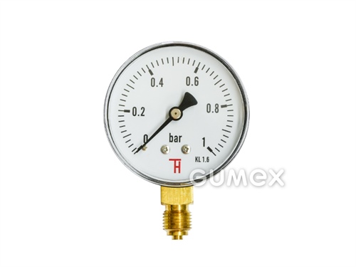 Manometer štandardný so spodným vývodom, priemer 63mm, vonkajší závit G 1/4", 0-1bar, trieda presnosti 1,6%, priezor akryl, púzdro oceľ, -40°C/+60°C